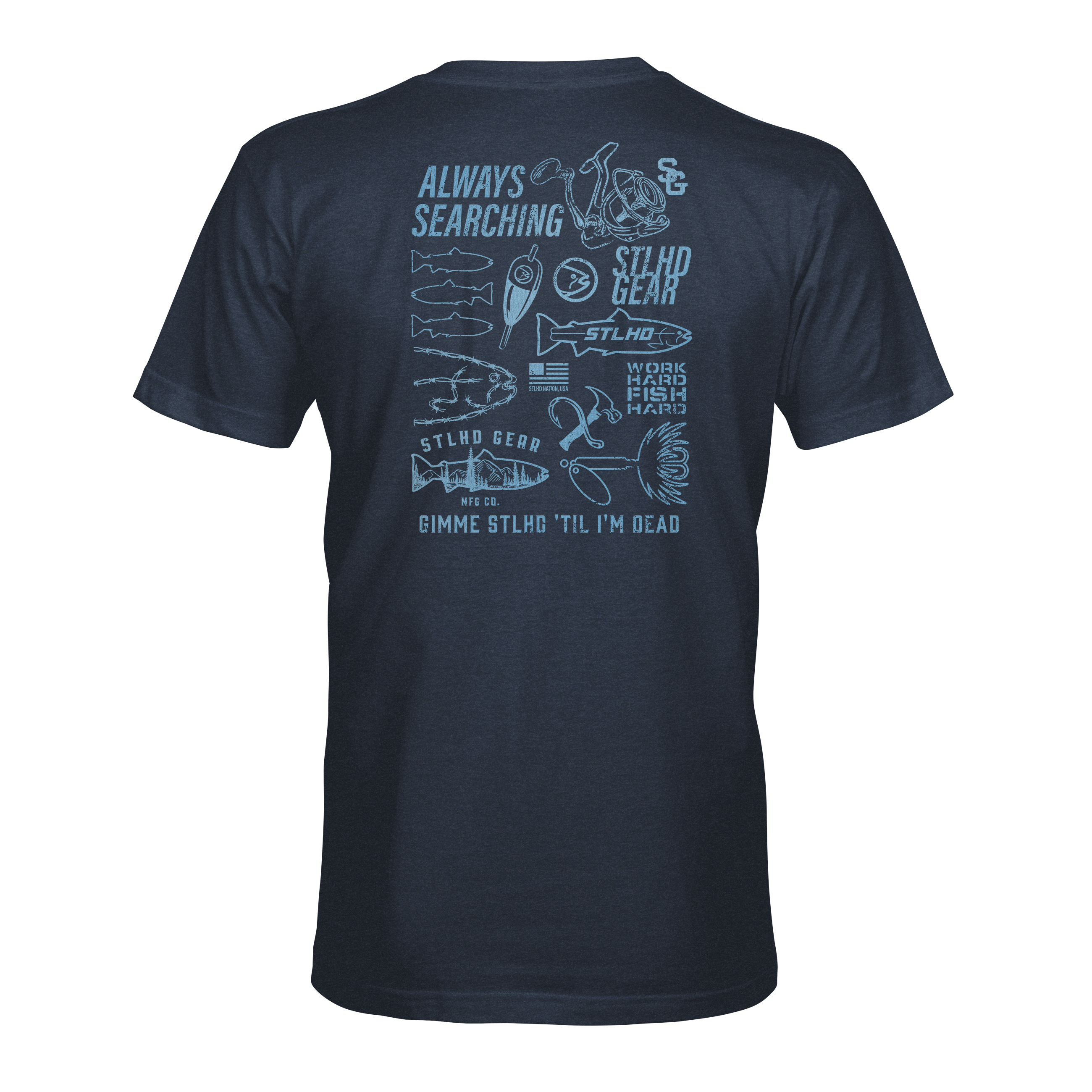 Navy graphic T-shirt with large back typography and icon print