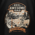 Men's black graphic T-shirt with large 'Reel Awesome Dad' outdoor scene emblem
