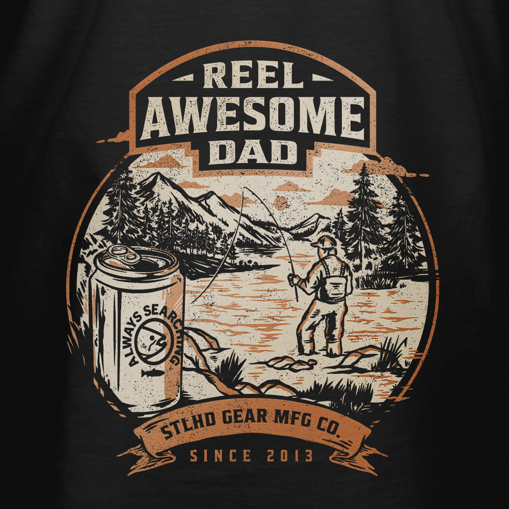 Men's black graphic T-shirt with large 'Reel Awesome Dad' outdoor scene emblem