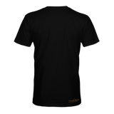 Men's black graphic T-shirt back with small STLHD logo at hem