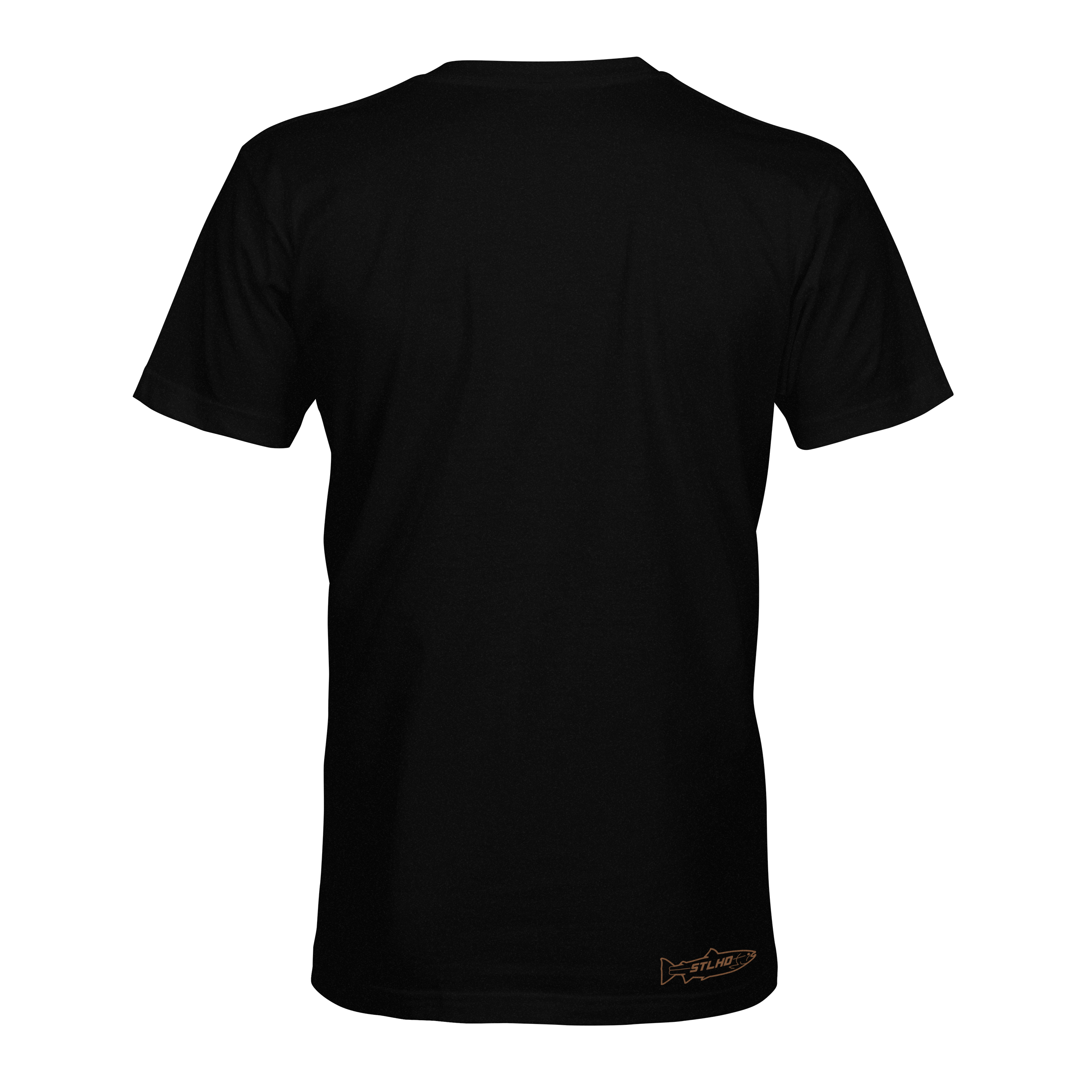 Men's black graphic T-shirt back with small STLHD logo at hem