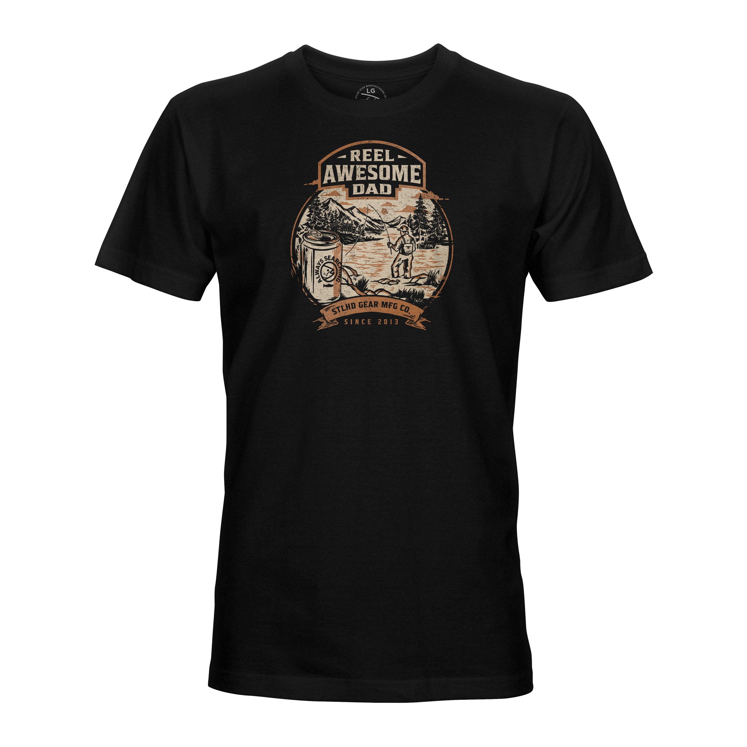Men's black graphic T-shirt with 'Reel Awesome Dad' vintage badge print