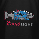 Black T-shirt close-up: Coors Light logo over blue mountain fish artwork