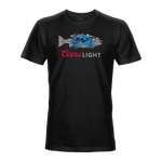 Men’s black graphic T-shirt with Coors Light fish and blue mountain print