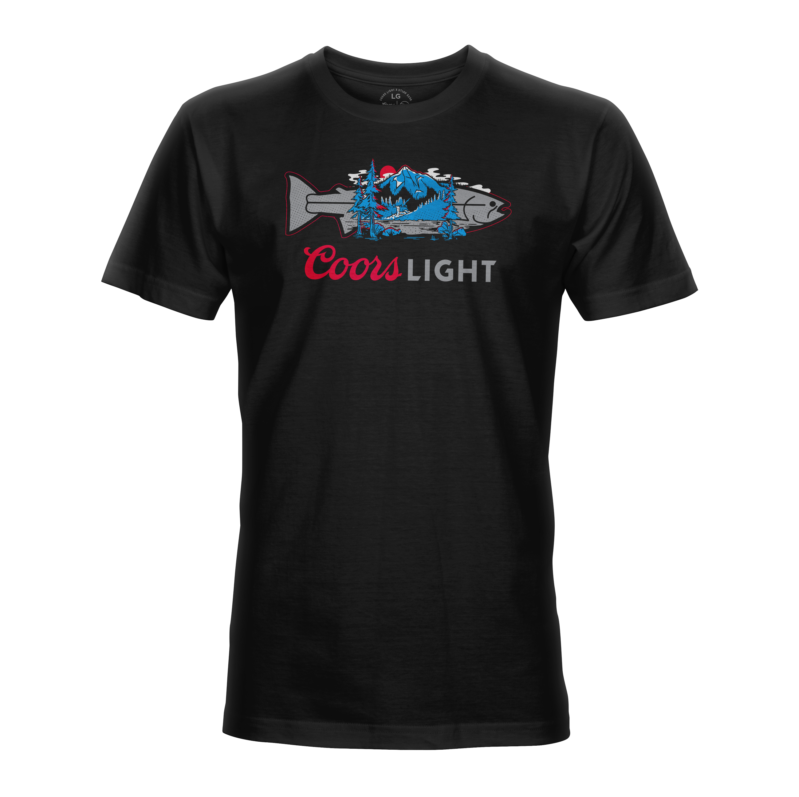 Men’s black graphic T-shirt with Coors Light fish and blue mountain print