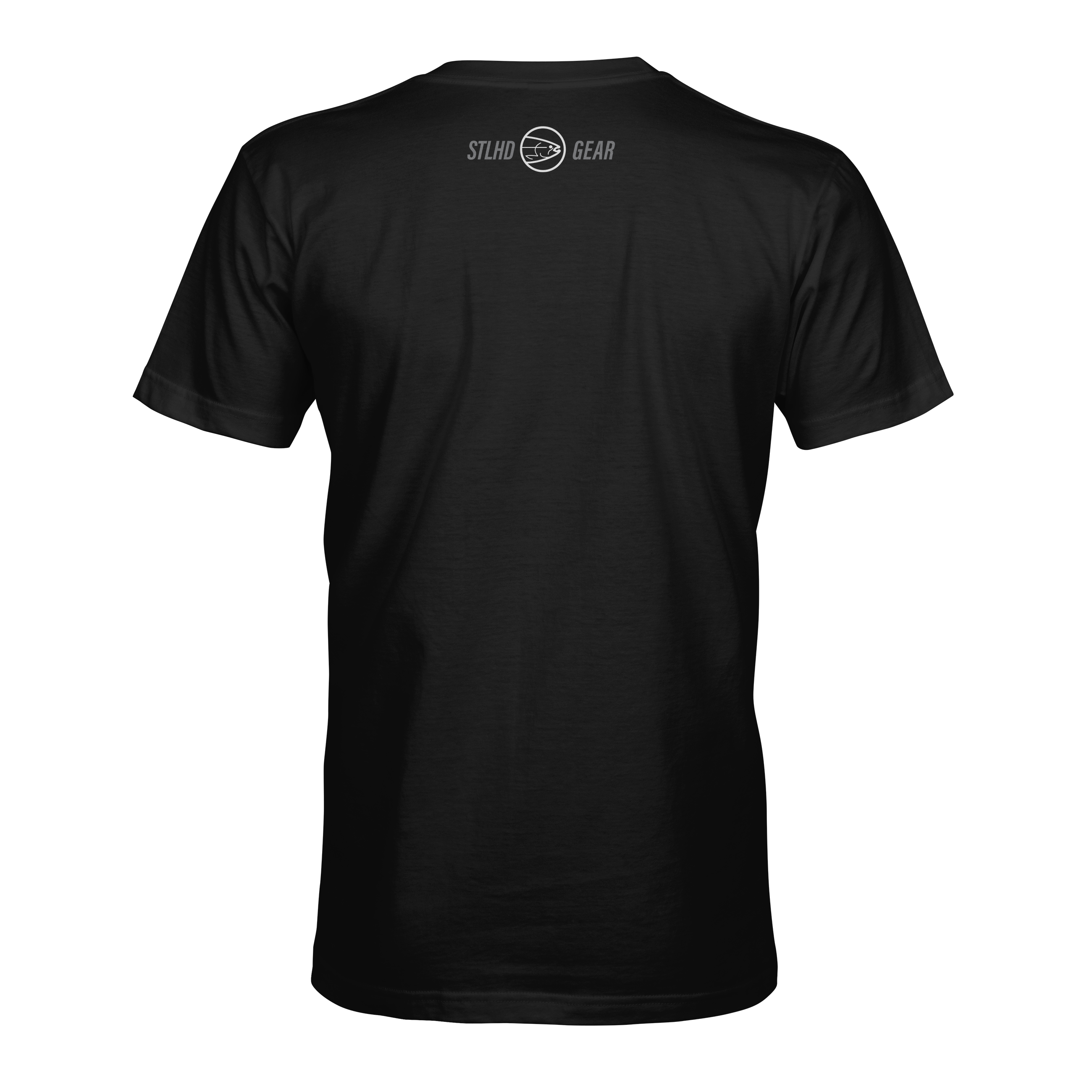 Black T-shirt back view with STLHD GEAR logo near the collar