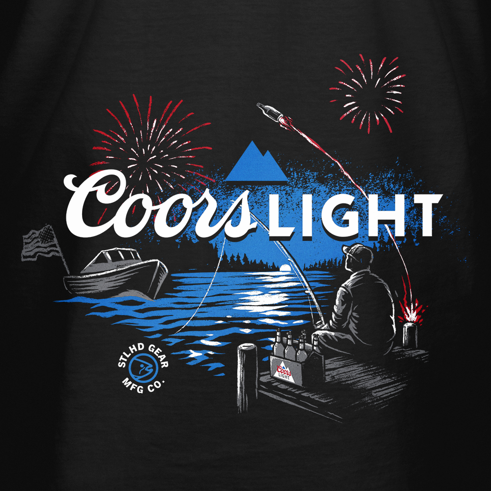 Black men’s tee with large Coors Light scenic bottle rocket fireworks graphic
