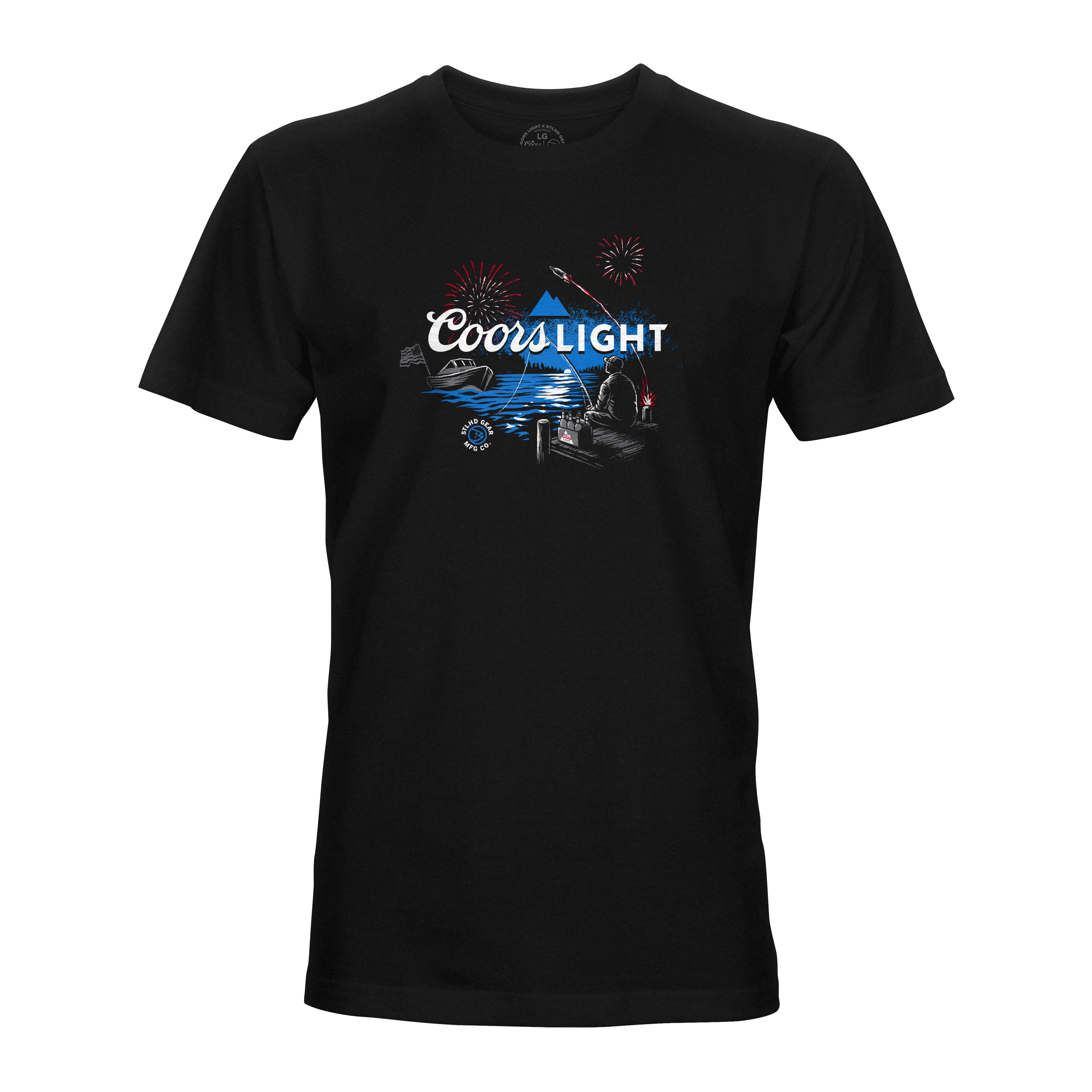 Black men’s graphic tee with Coors Light bottle rocket and fireworks front print