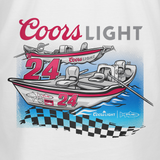 Close-up of white men’s T-shirt front print: Coors Light 24 racing boat graphic
