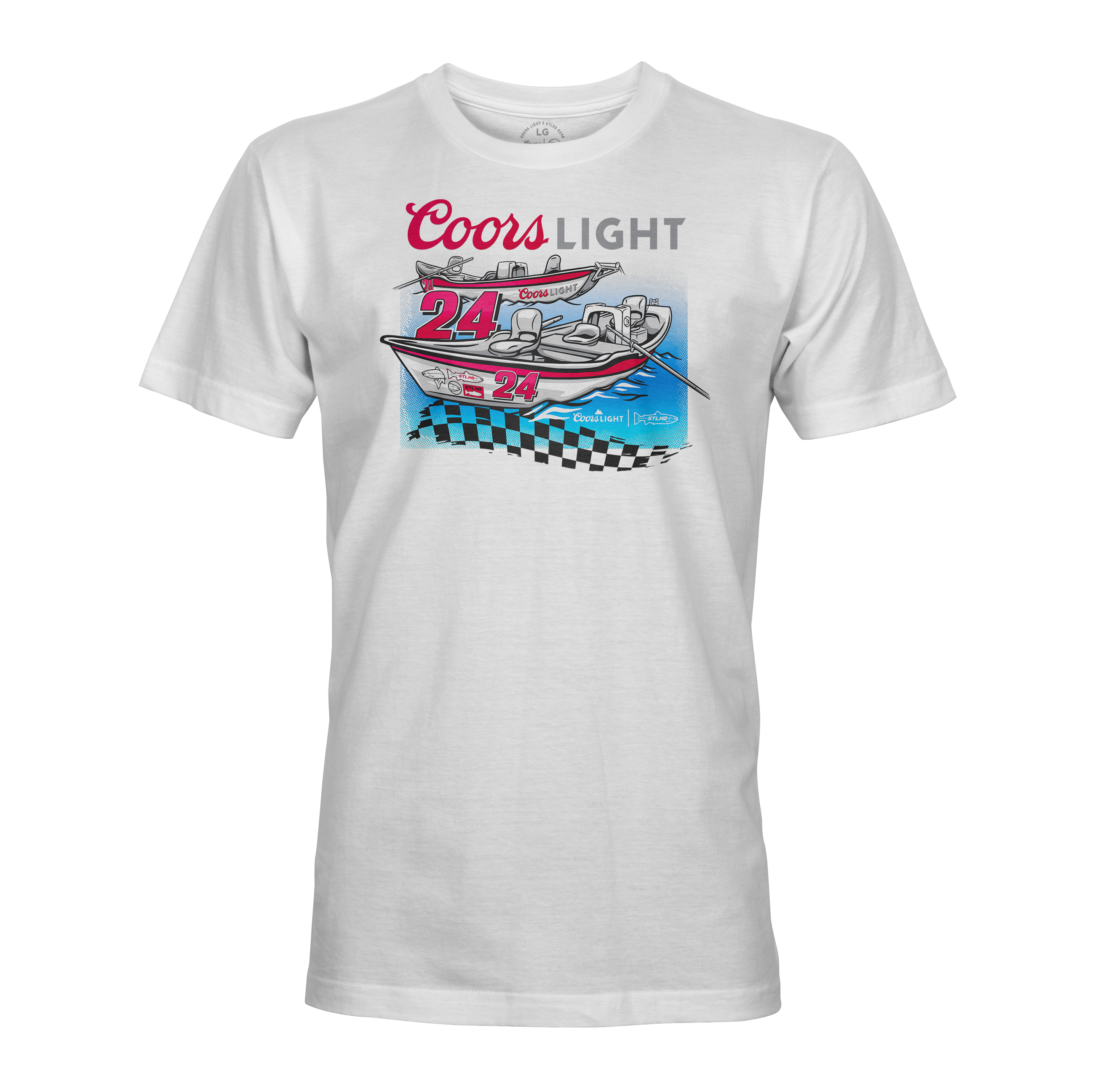 White men’s graphic T-shirt with Coors Light 24 racing boat print on front