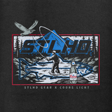Black hoodie front graphic close-up with STLHD print and Coors Light bottle logo