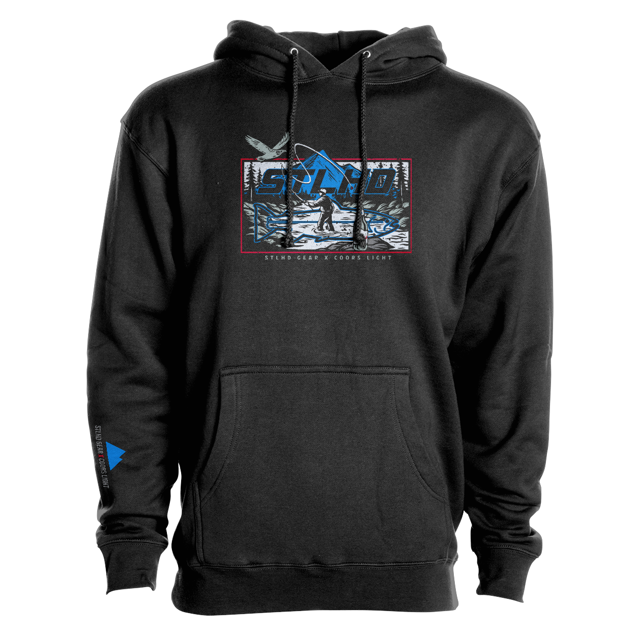 Black men's pullover hoodie with large front graphic and hood drawstrings