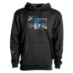 Black men's pullover hoodie with large front graphic and hood drawstrings