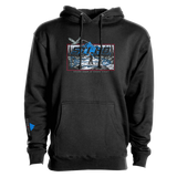 Black men's pullover hoodie with large front graphic and hood drawstrings