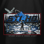 Men's black tee with large STLHD graphic, Coors Light bottle, eagle, and landscape