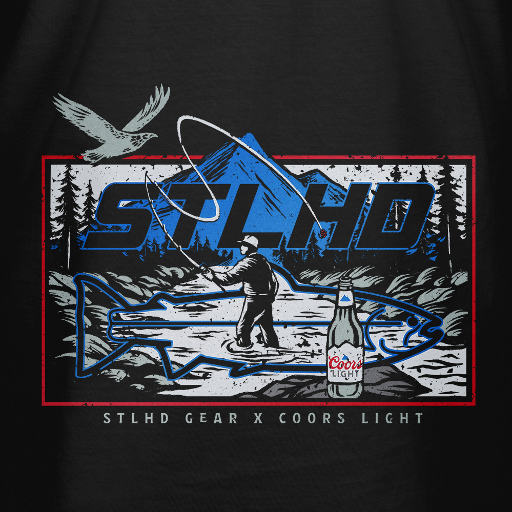 Men's black tee with large STLHD graphic, Coors Light bottle, eagle, and landscape