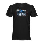 Men's black short-sleeve crewneck graphic T-shirt with STLHD front print