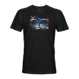 Men's black short-sleeve crewneck graphic T-shirt with STLHD front print