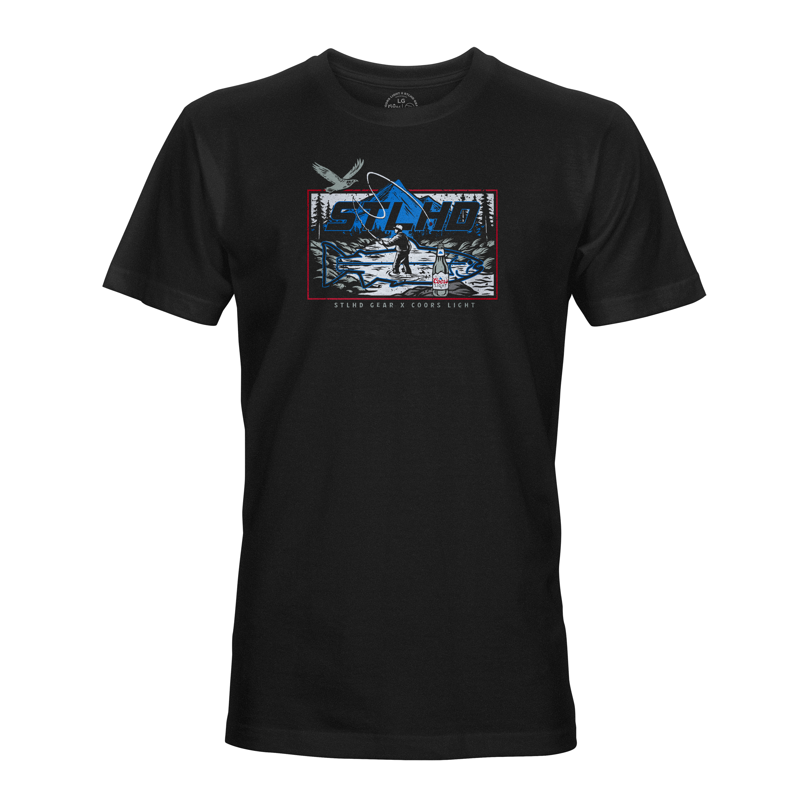 Men's black short-sleeve crewneck graphic T-shirt with STLHD front print