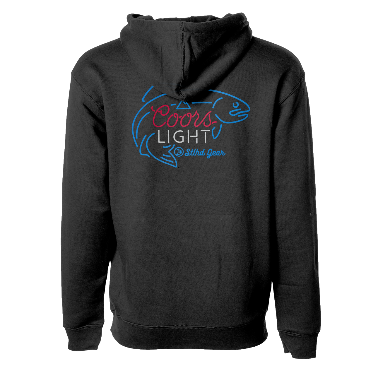 Dark men's hoodie with large Coors Light back graphic and hood