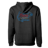 Dark men's hoodie with large Coors Light back graphic and hood