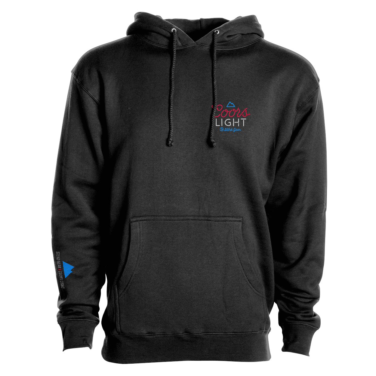 Men's dark hoodie with front pocket and hood drawstrings, Coors Light chest logo