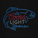Men's black graphic T-shirt with oversized Coors Light logo close-up in blue, red, white