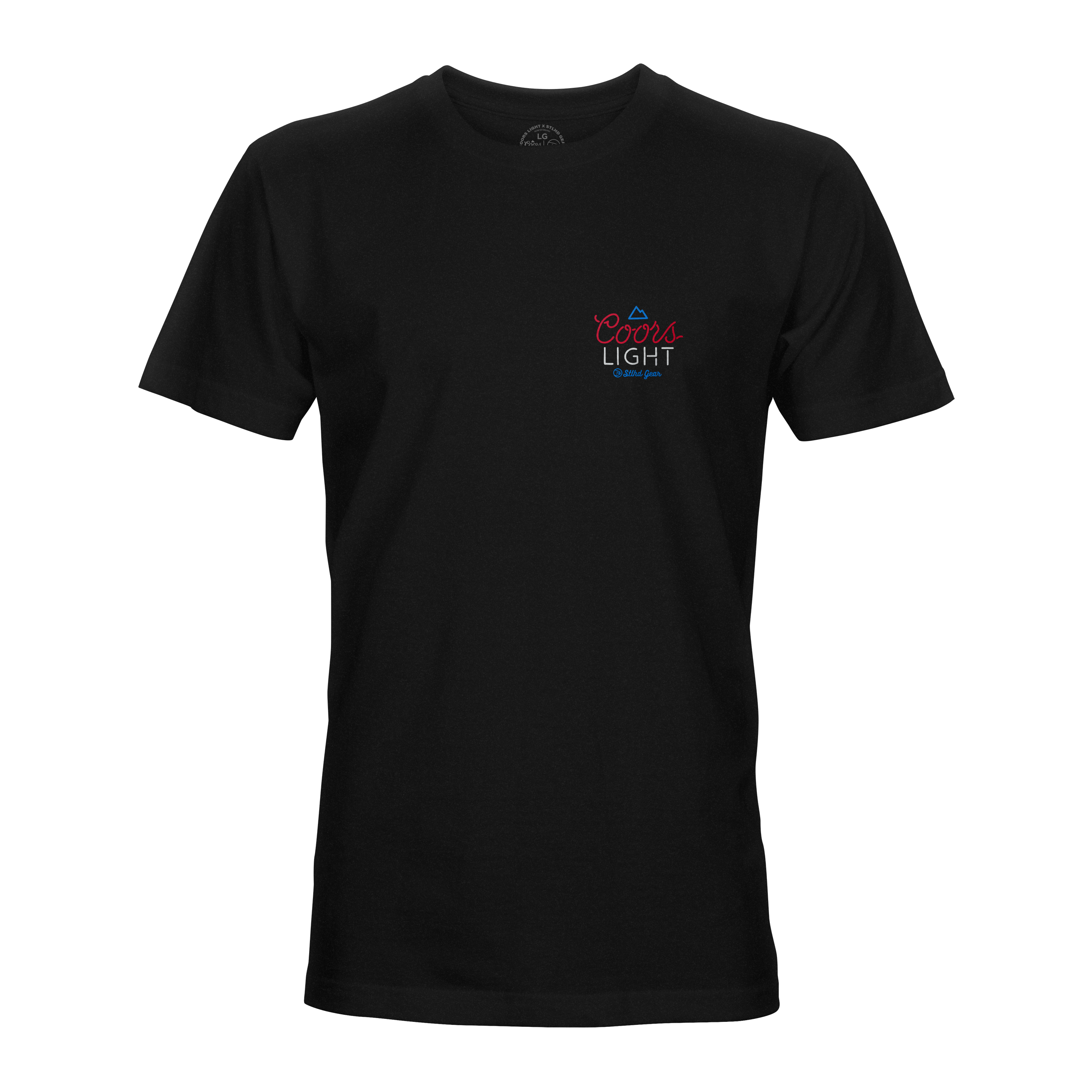 Men's black graphic T-shirt with small Coors Light logo on chest in red and blue