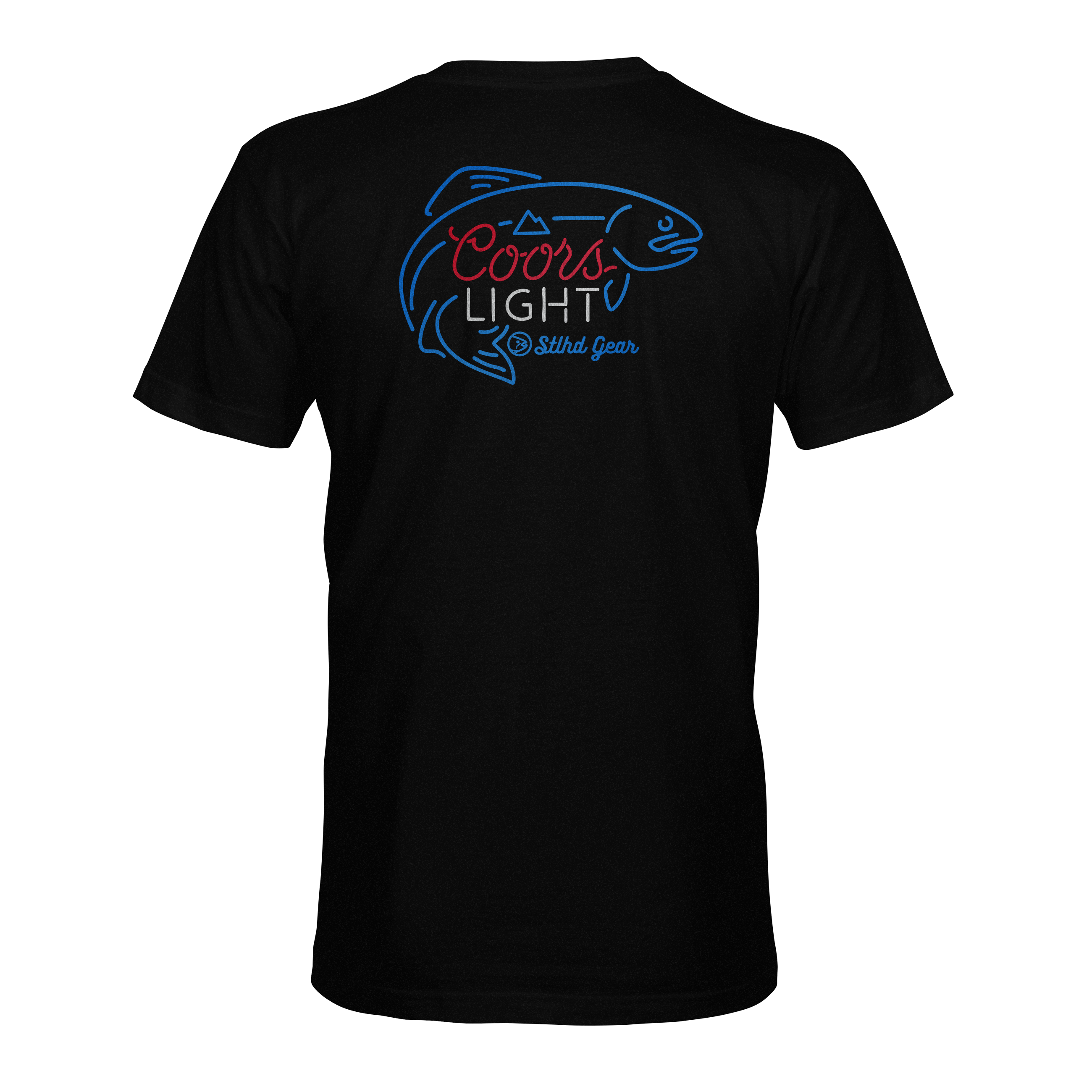 Men's black graphic T-shirt with large Coors Light back logo in blue and red