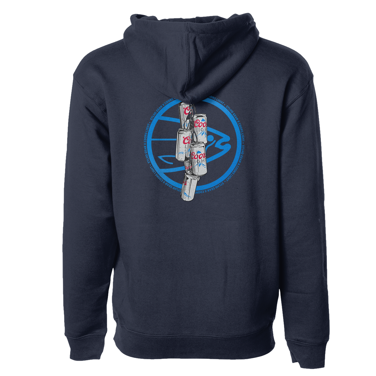 Men's dark navy hoodie with large back circular Coors Light and STLHD graphic