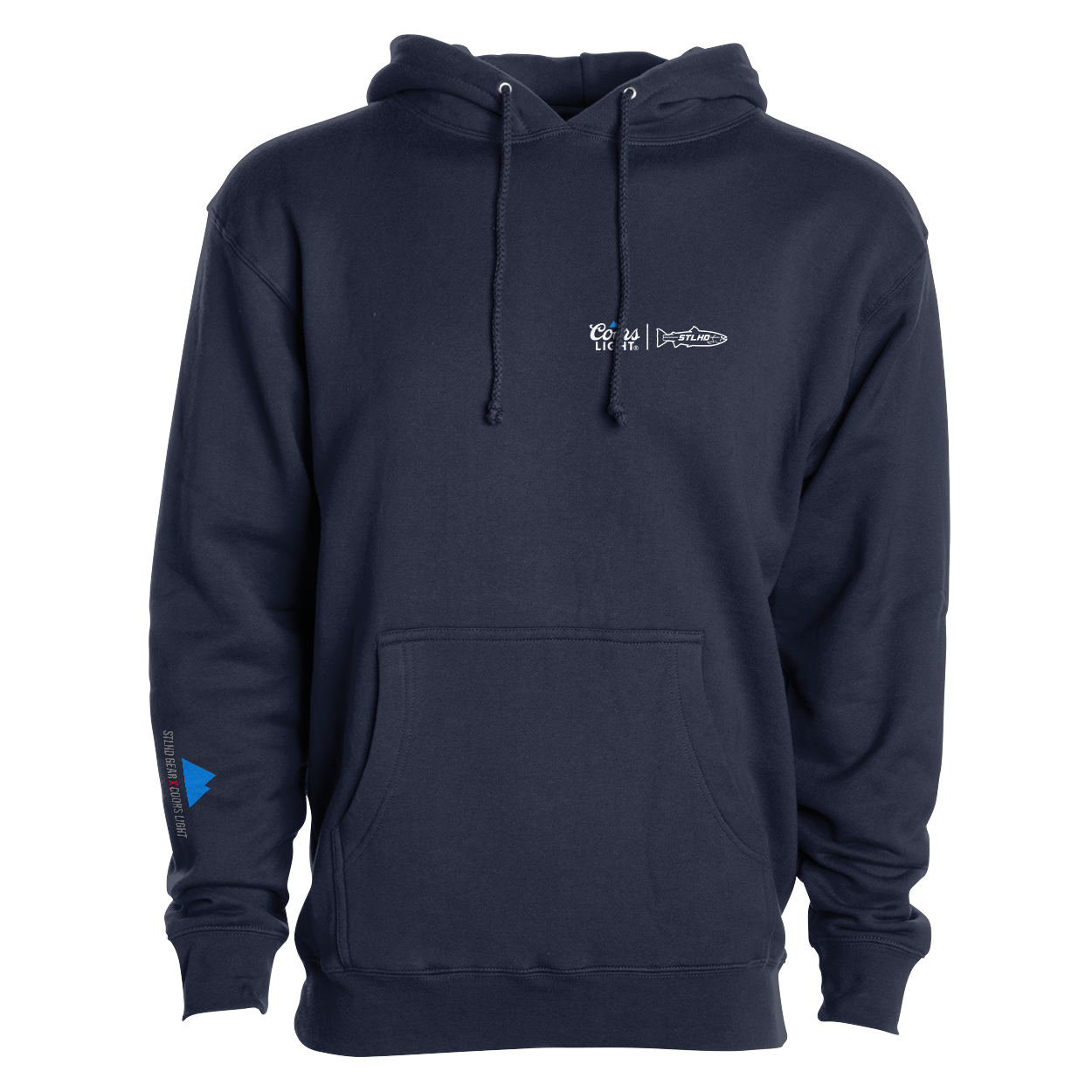 Men's dark navy hoodie, front pocket and drawstring hood, small chest logos