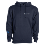 Men's dark navy hoodie, front pocket and drawstring hood, small chest logos