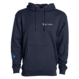 Men's dark navy hoodie, front pocket and drawstring hood, small chest logos