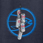 Dark navy hoodie graphic closeup: Coors Light cans with STLHD circular logo