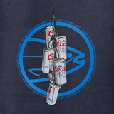 Dark navy hoodie graphic closeup: Coors Light cans with STLHD circular logo