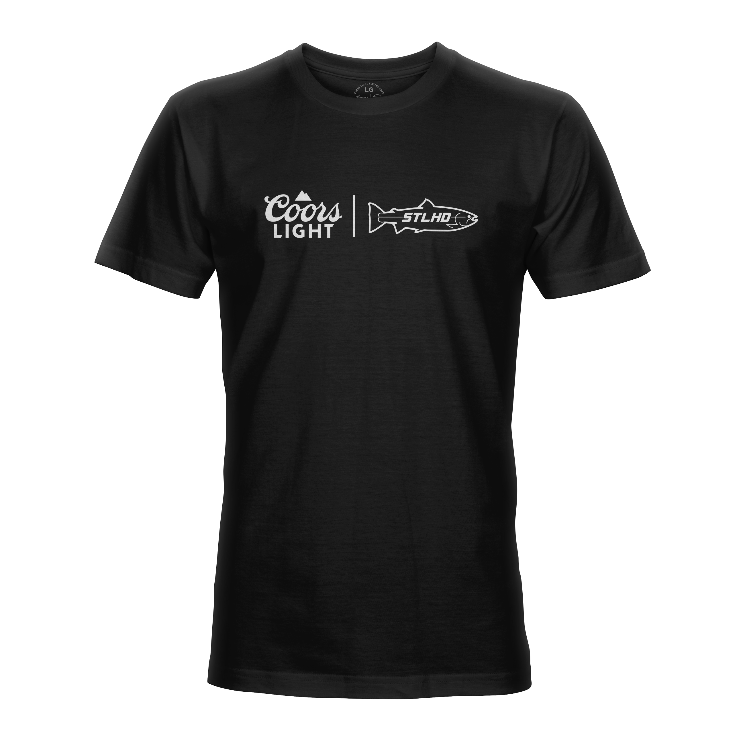 Men's black throwback T-shirt with small front Coors Light and STLHD logos