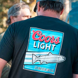 Men's black T-shirt with large back Coors Light fish logo, worn by model