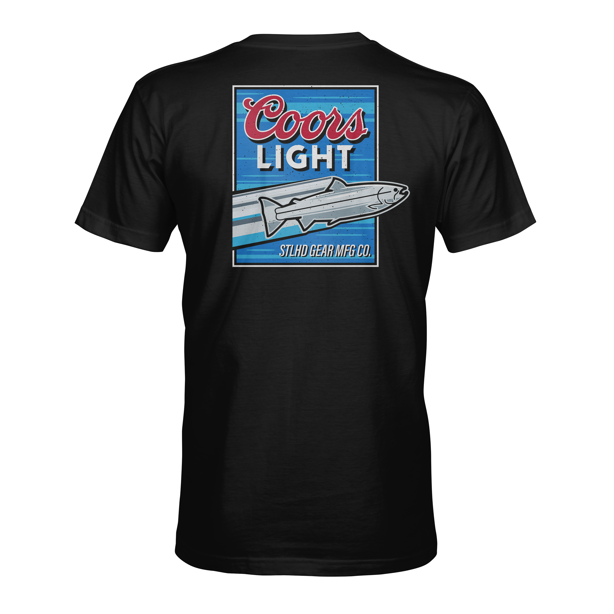 Men's black throwback T-shirt with large back Coors Light fish logo print