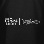 Men's black T-shirt chest logo: Coors Light text with STLHD fish graphic