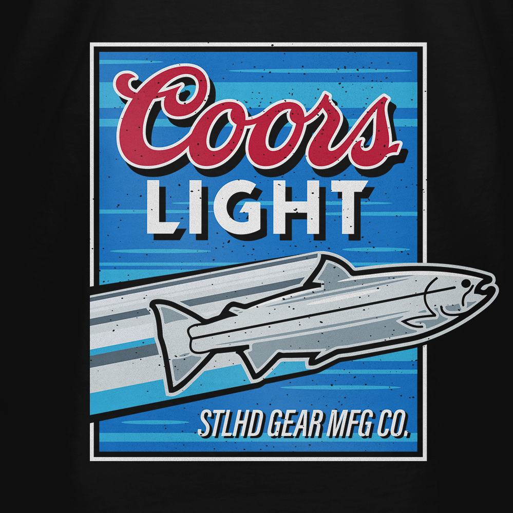Men's black throwback T-shirt with big front Coors Light fish graphic