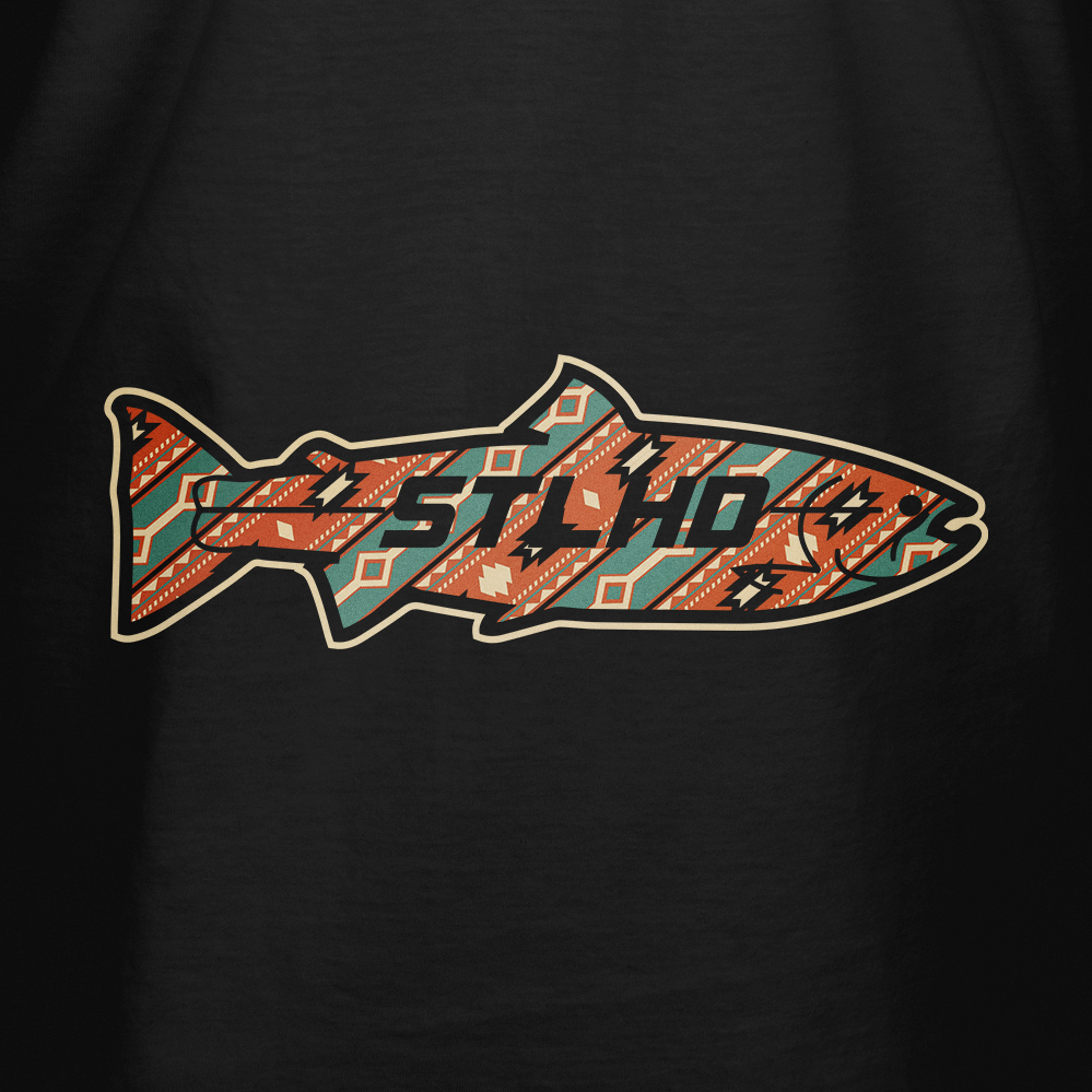 Black T-shirt with large multicolor STLHD Mesa front graphic close-up