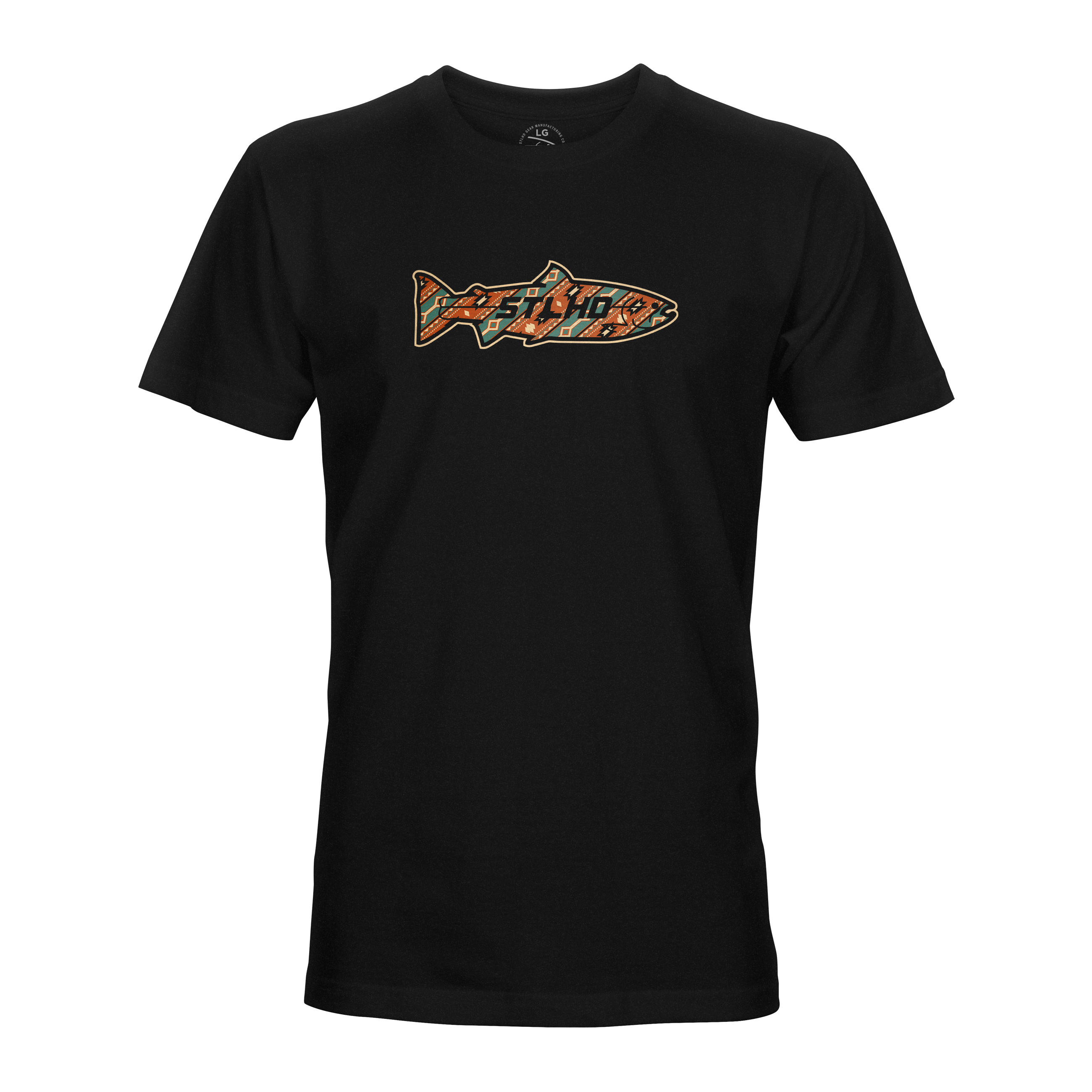 Black crew-neck T-shirt with colorful STLHD Mesa chest graphic