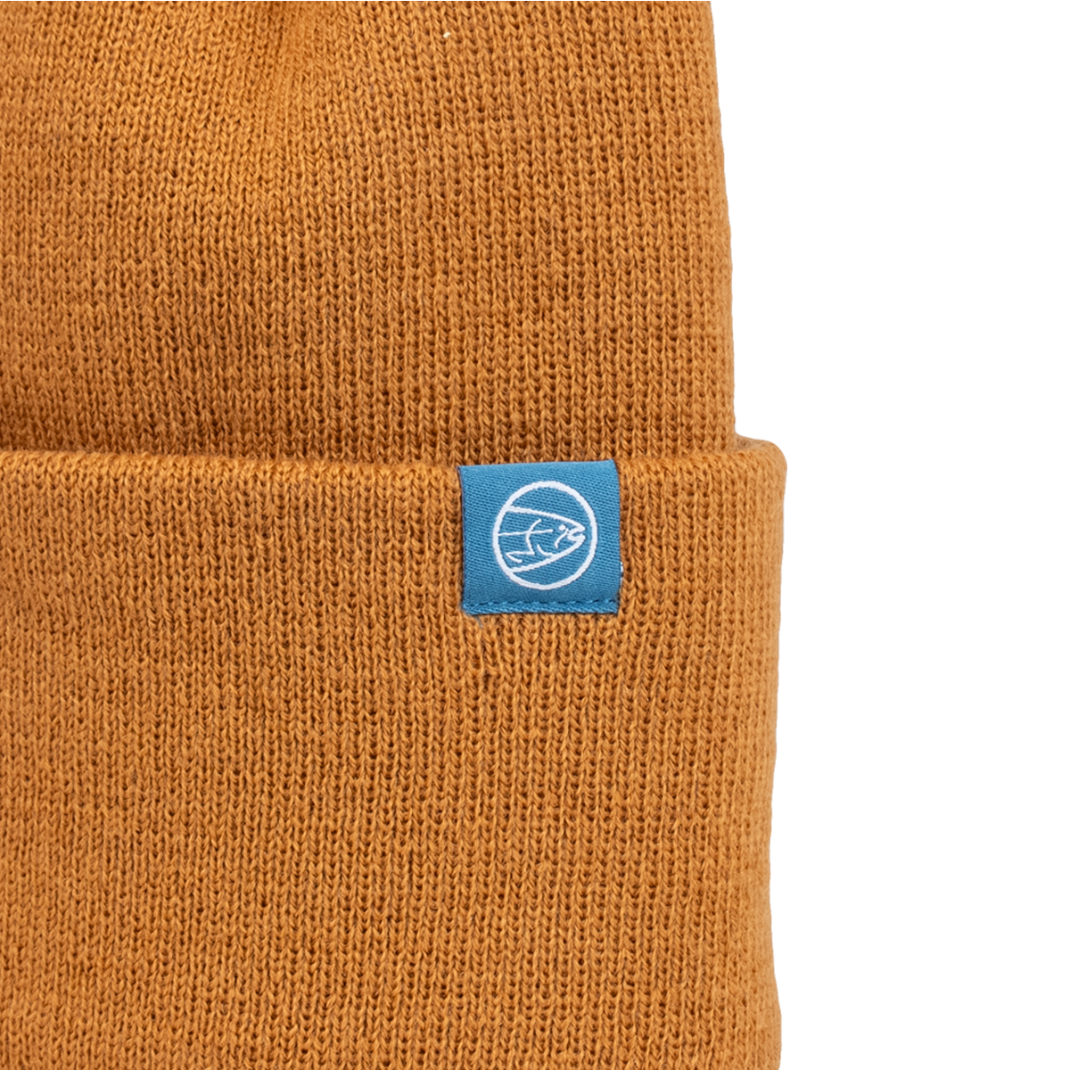 Brown knit beanie with small blue square logo patch at cuff