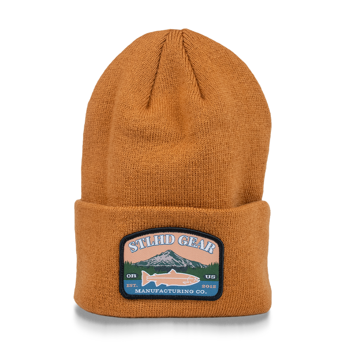 Brown knit beanie with pom-free cuff and front logo patch