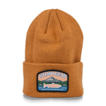 Brown knit beanie with pom-free cuff and front logo patch