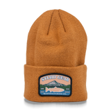 Brown knit beanie with pom-free cuff and front logo patch