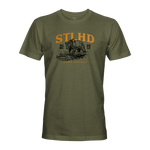 Olive STLHD grizzly bear graphic t-shirt, 'ALWAYS SEARCHING' front text