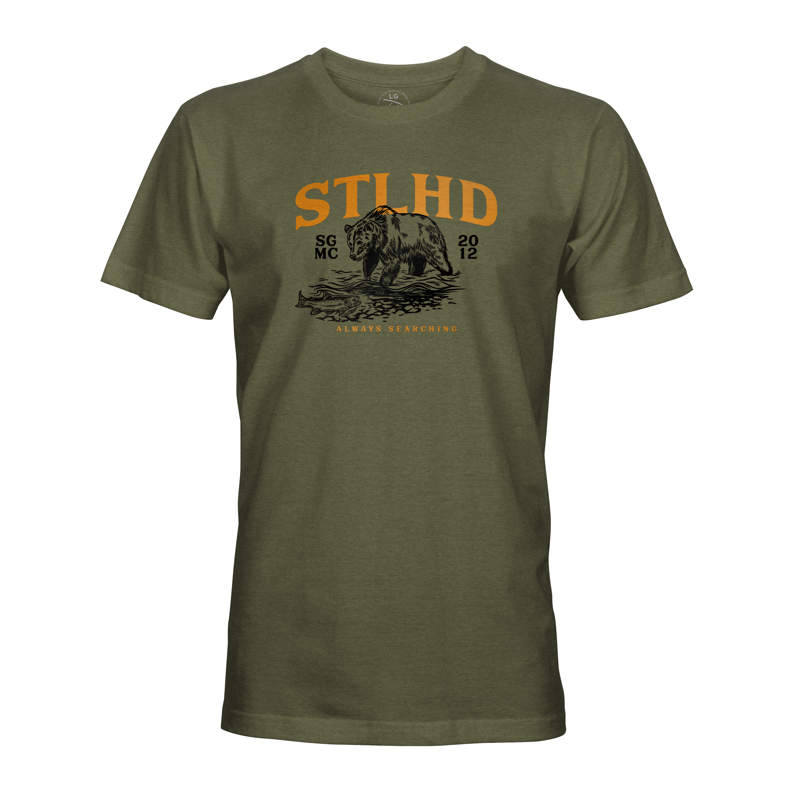 Olive STLHD grizzly bear graphic t-shirt, 'ALWAYS SEARCHING' front text