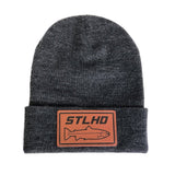 Grey knit beanie hat with fold-up cuff and STLHD leather logo patch