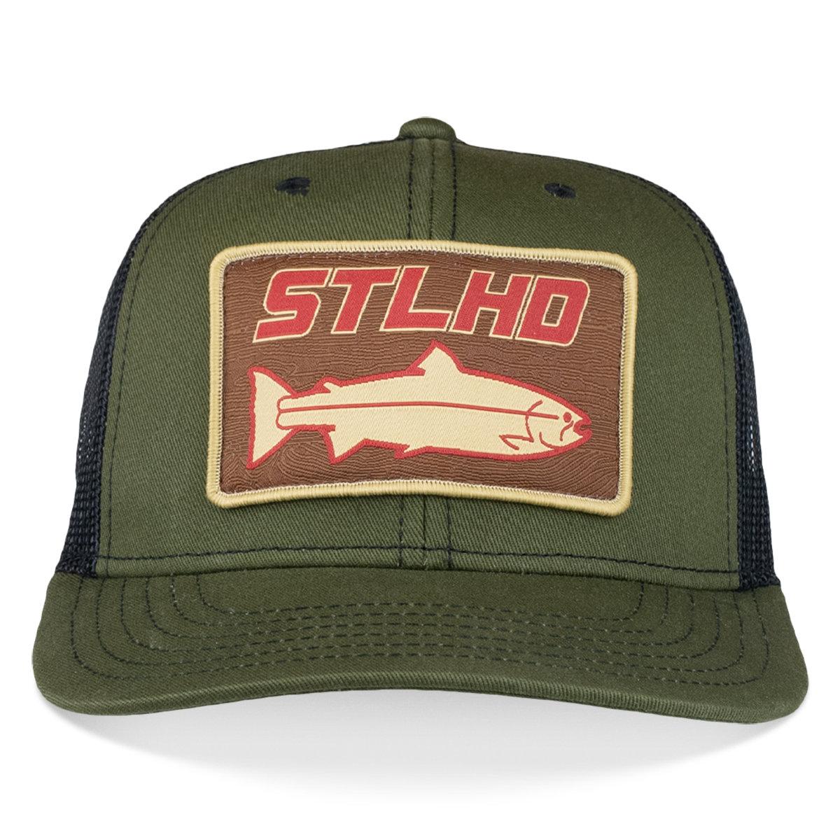 Olive green trucker cap with black mesh panels and large STLHD front patch